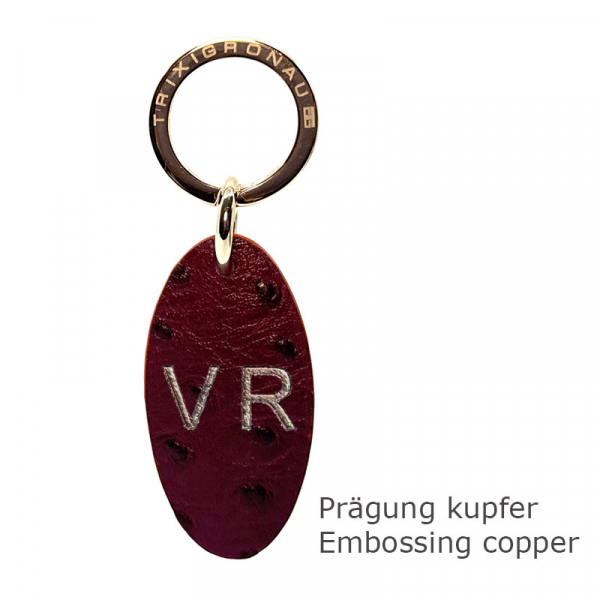 Trixi Gronau leather key fob Urbany Ostrich aubergine, embossing copper